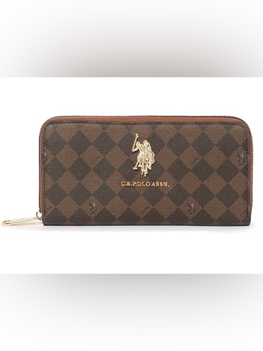 NWT U.S. Polo Assn. Brown Gold  *Horse* Diamond Checker Zippy Wallet